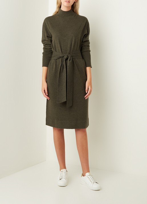 Repeat Midi trui-jurk in kasjmierblend met strikceintuur - voorkant 3 donkerkhaki