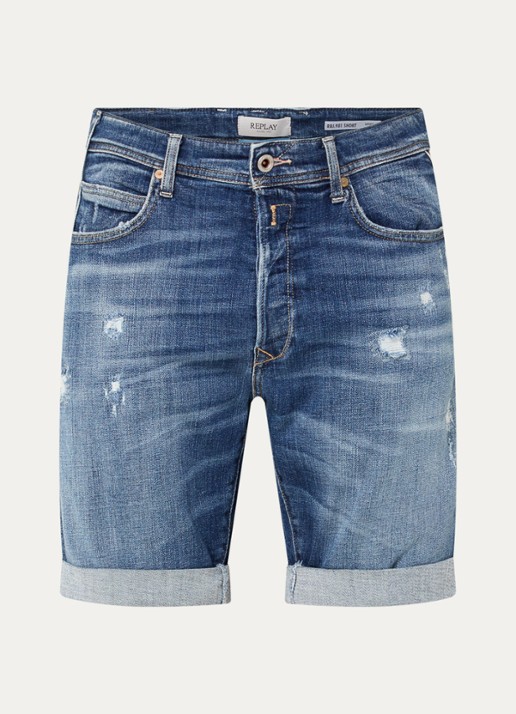Replay 981 tapered fit korte broek van denim met destroyed afwerking - voorkant 3 indigo