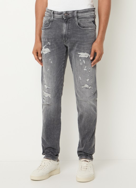 Replay Anbass slim fit jeans met destroyed afwerking - detail 2 grijs