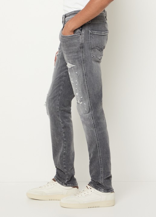 Replay Anbass slim fit jeans met destroyed afwerking - detail 3 grijs
