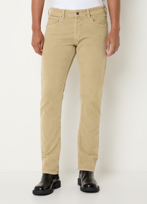 Replay Grover slim fit broek van corduroy met steekzakken - detail zand