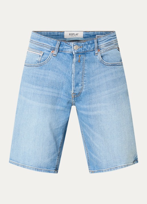 Replay Grover straight fit korte broek van denim met lichte wassing - voorkant 3 indigo