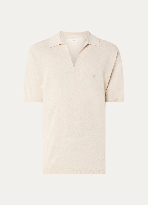 Replay Regular fit polo in linnenblend met gemêleerd dessin - voorkant creme