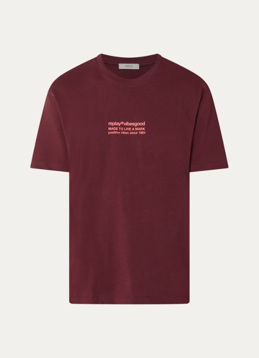 Replay T-shirt met logo- en backprint - voorkant 3 bordeauxrood