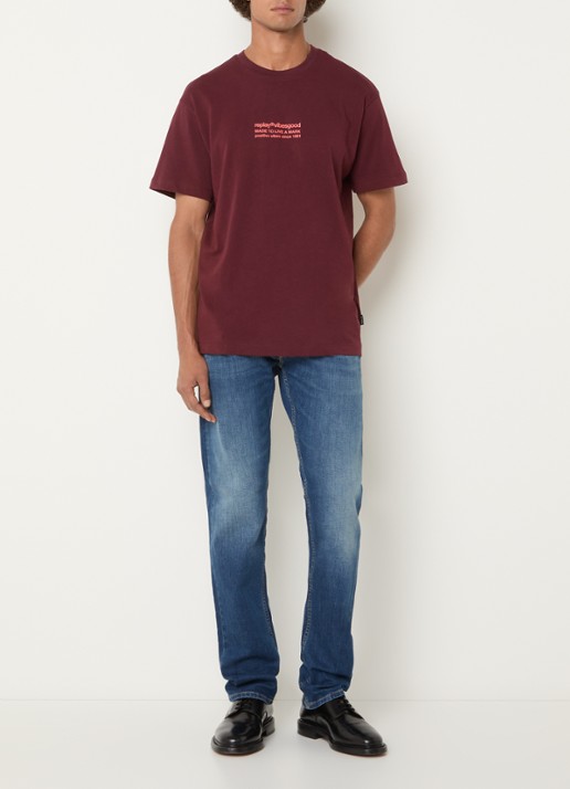 Replay T-shirt met logo- en backprint - voorkant 4 bordeauxrood