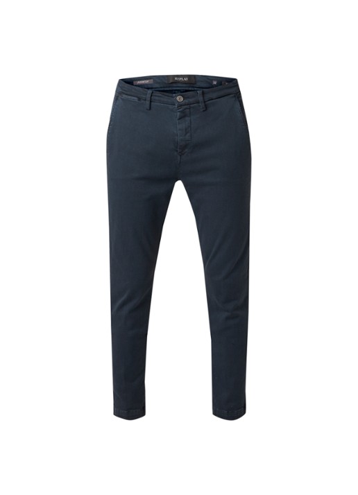 Replay Zeumar Hyperflex slim fit chino met stretch  - voorkant 4 donkerblauw