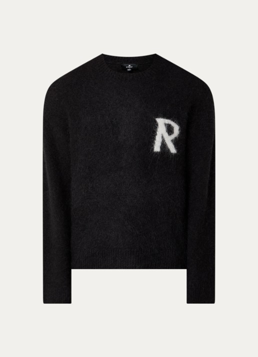 Represent Grofgebreide trui in alpaca wolblend met ingebreid logo - voorkant zwart