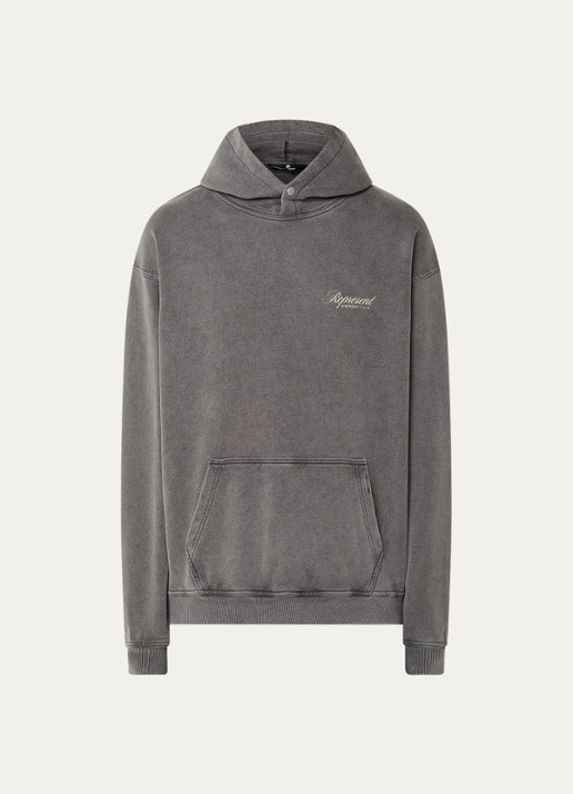 Represent Owners Club Script hoodie met logo- en backprint - voorkant donkergrijs
