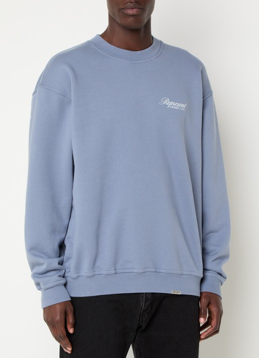 Represent Owners Club Script sweater met logo- en backprint - achterkant 3 staalblauw