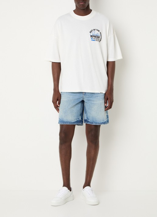 Represent Straight fit korte broek van denim met lichte wassing - voorkant 2 indigo