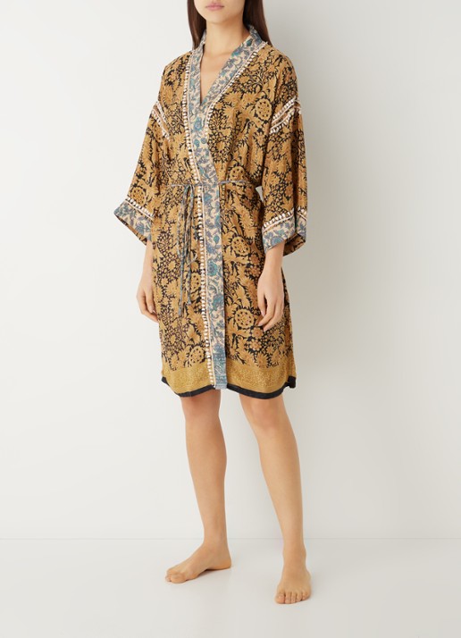Rituals Jaypur Saree kimono van satijn met paisley dessin - voorkant 5 zwart