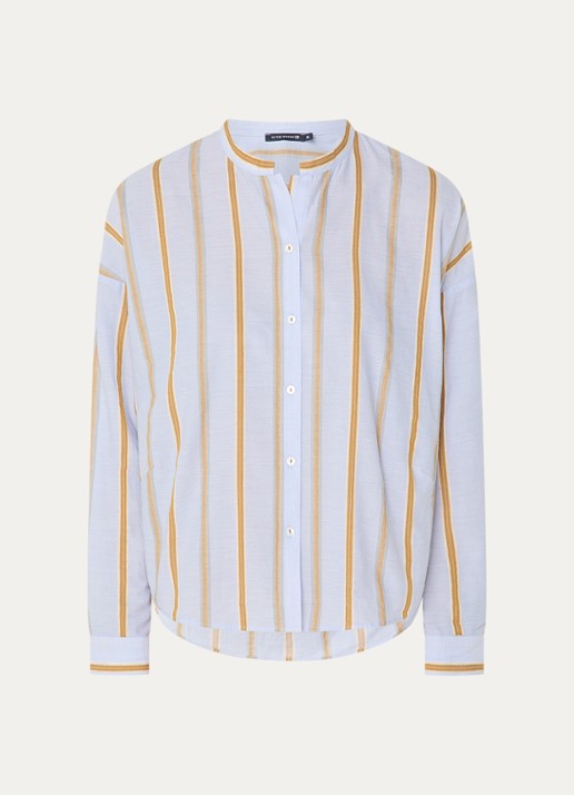 River Woods Blouse in linnenblend met streepprint - voorkant 3 staalblauw