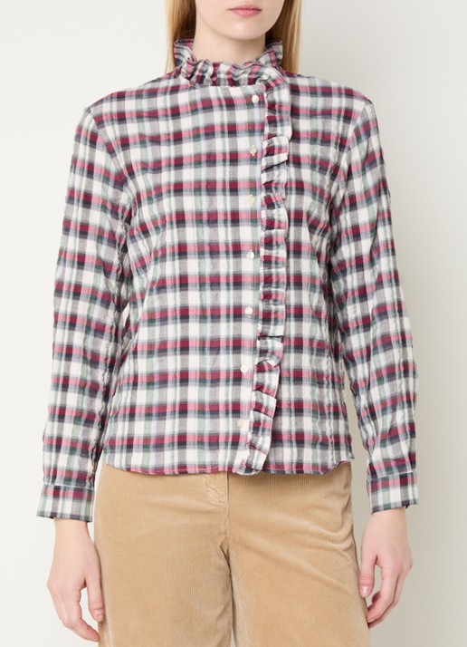 River Woods Blouse met ruitdessin en ruches