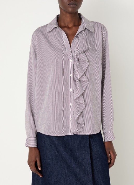 River Woods Blouse met streepprint en volant - detail bordeauxrood