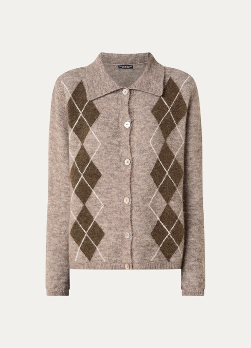 River Woods Fijngebreid vest in wolblend met ruitdessin - voorkant donkerbeige