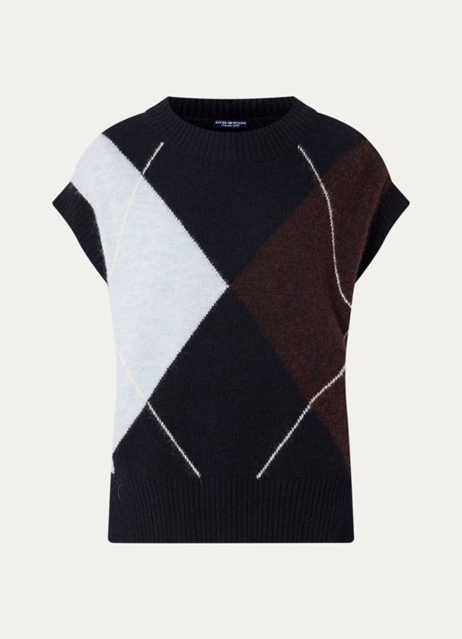 River Woods Fijngebreide spencer in wolblend met ruit dessin - voorkant 3 donkerblauw