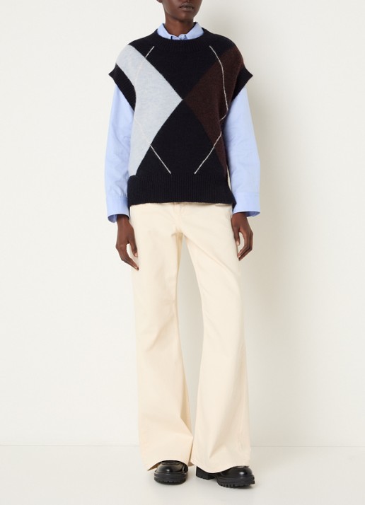 River Woods Fijngebreide spencer in wolblend met ruit dessin - voorkant 4 donkerblauw