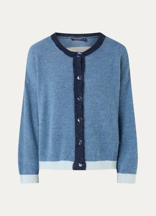River Woods Grofgebreid vest in alpaca wolblend met streepprint - voorkant 2 staalblauw