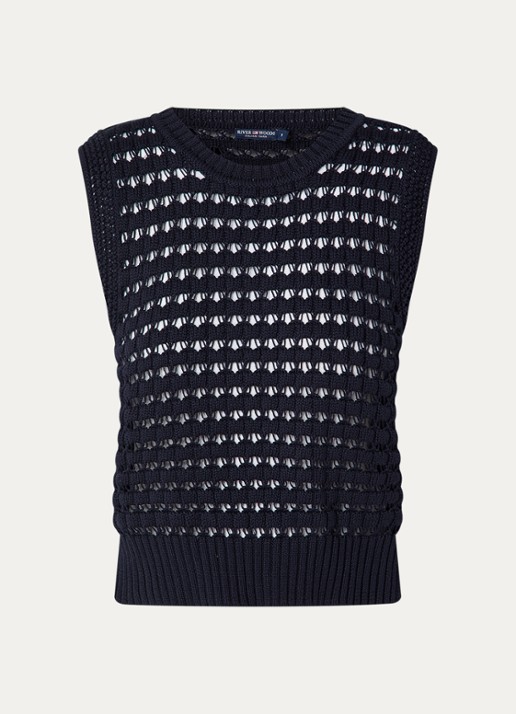 River Woods Grofgebreide spencer met opengewerkt dessin - voorkant 3 donkerblauw