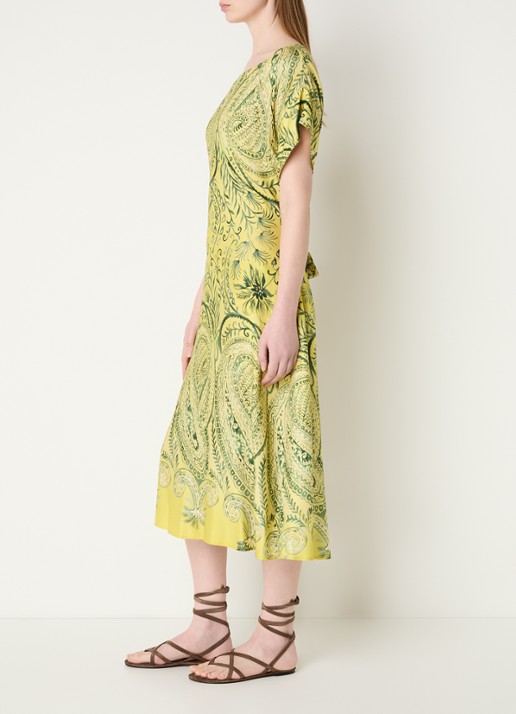 River Woods Midi jurk met strikceintuur en print - voorkant 3 neongeel