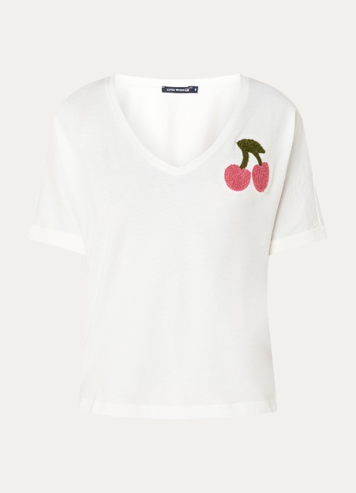 River Woods T-shirt met print en V-hals  - voorkant wit