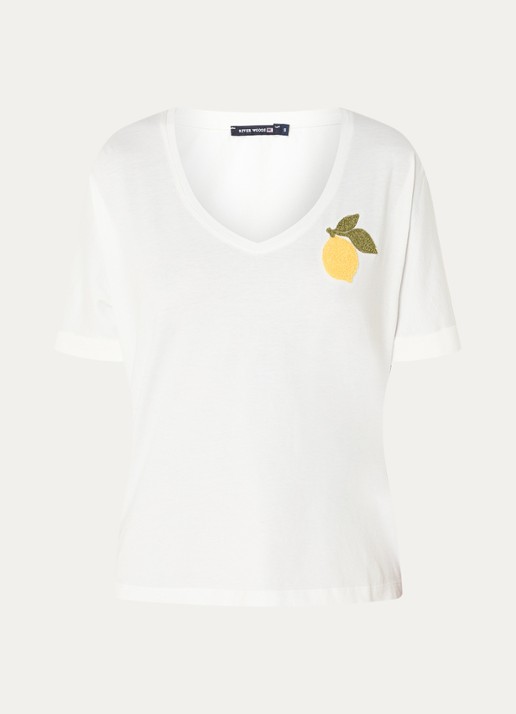 River Woods T-shirt met print en V-hals  - voorkant wit
