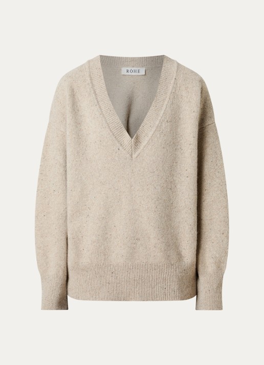 Róhe Classic grofgebreide oversized pullover in kasjmierblend met V-hals - voorkant 4 khaki