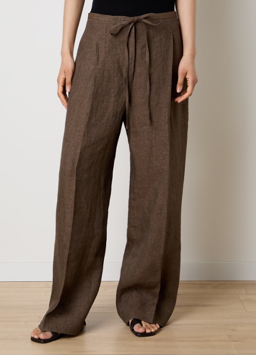 Róhe High waist wide fit pantalon van linnen met strikceintuur