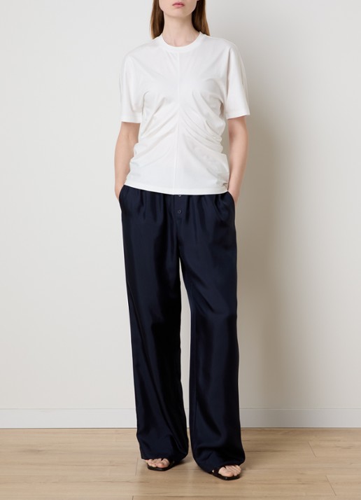 Róhe High waist wide fit pantalon van zijde - voorkant 5 donkerblauw