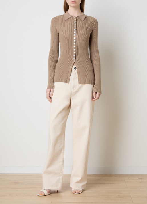 Róhe Ribgebreid vest met kraag - voorkant 4 beige