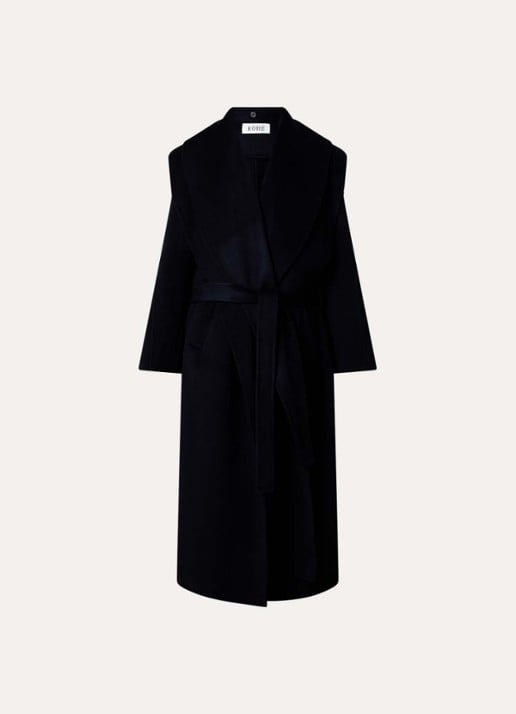Róhe Signature mantel in kasjmierblend met strikceintuur - voorkant donkerblauw