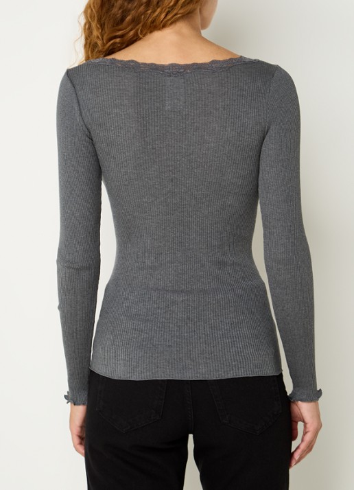 Rosemunde Babette longsleeve in zijdeblend met details van kant - achterkant donkergrijs