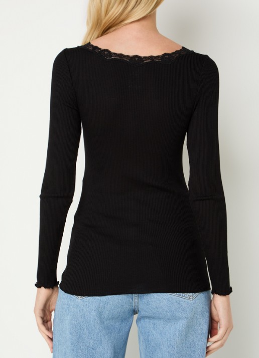 Rosemunde Babette longsleeve in zijdeblend met details van kant - achterkant 4 zwart