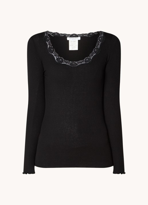 Rosemunde Babette longsleeve in zijdeblend met details van kant - voorkant zwart