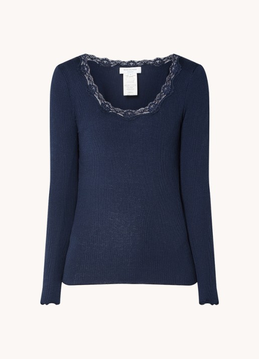 Rosemunde Babette longsleeve in zijdeblend met details van kant - voorkant 3 donkerblauw