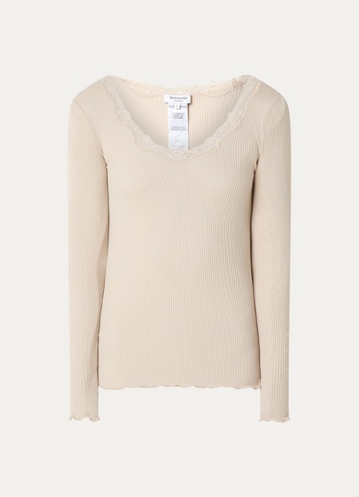 Rosemunde Babette longsleeve in zijdeblend met details van kant - voorkant donkerbeige