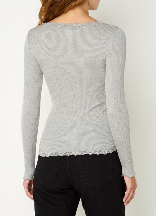 Rosemunde Babette ribgebreid vest in zijdeblend met details van kant - achterkant 4 lichtgrijs