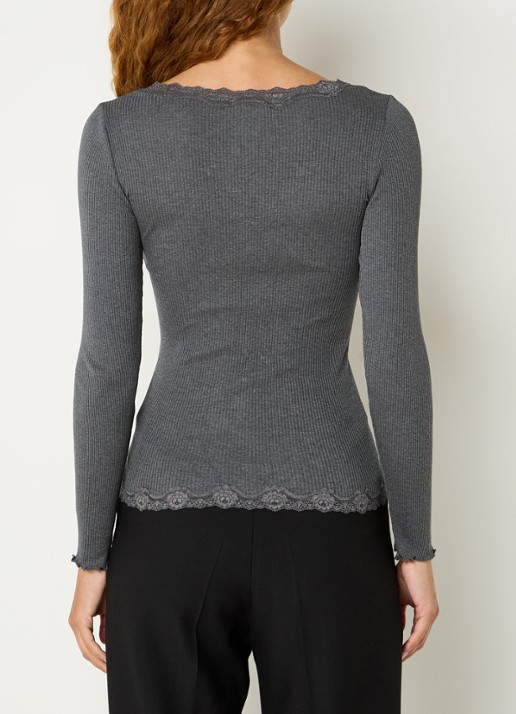 Rosemunde Babette ribgebreid vest in zijdeblend met details van kant - achterkant donkergrijs