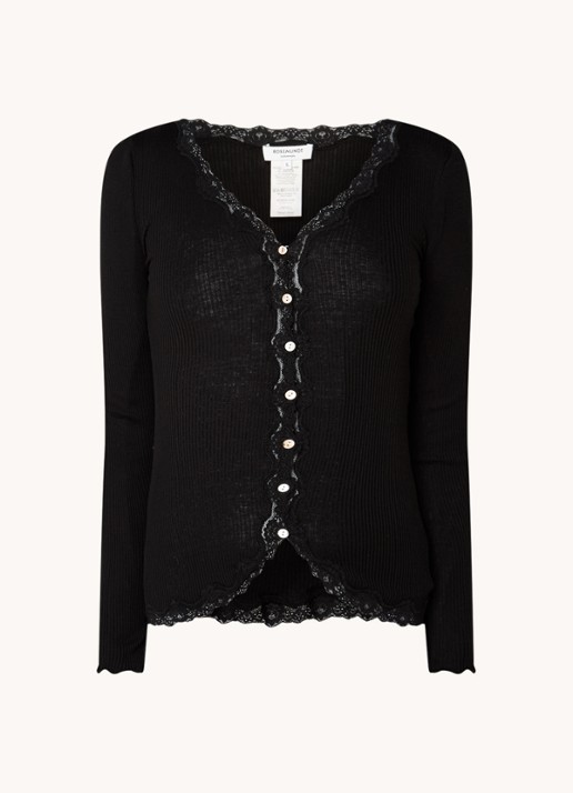 Rosemunde Babette ribgebreid vest in zijdeblend met details van kant - voorkant zwart