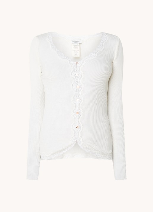 Rosemunde Babette ribgebreid vest in zijdeblend met details van kant - voorkant 3 gebroken wit