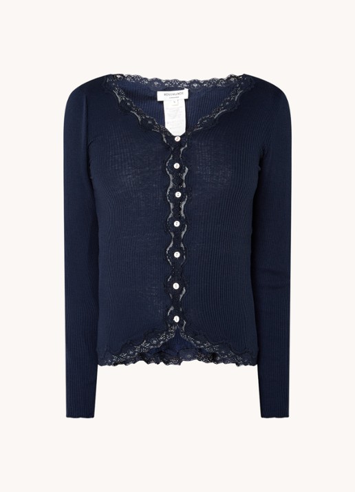 Rosemunde Babette ribgebreid vest in zijdeblend met details van kant - voorkant 3 donkerblauw