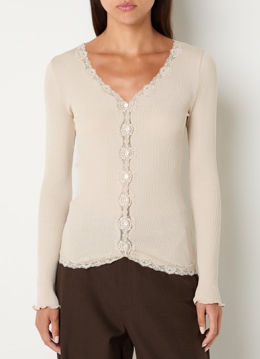 Rosemunde Babette ribgebreid vest in zijdeblend met details van kant