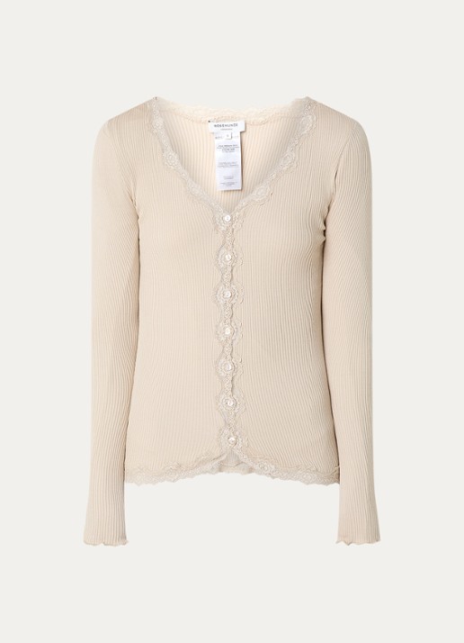 Rosemunde Babette ribgebreid vest in zijdeblend met details van kant - voorkant 3 bruin