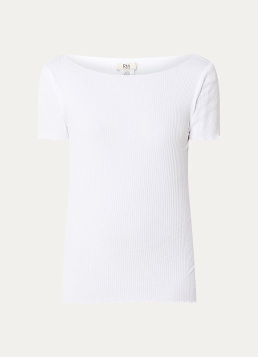 Rosemunde Balta T-shirt met ribstructuur en boothals - voorkant 2 gebroken wit