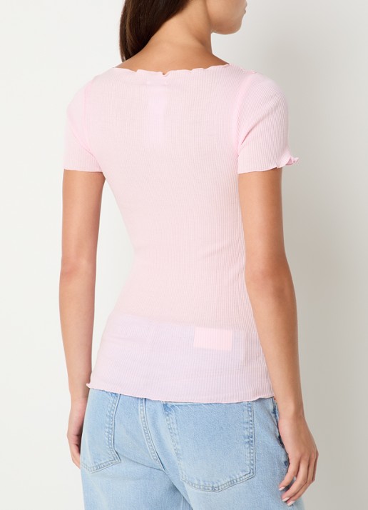 Rosemunde Balta T-shirt met ribstructuur en boothals - achterkant lichtroze