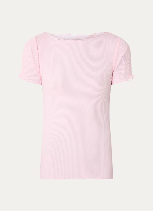 Rosemunde Balta T-shirt met ribstructuur en boothals - voorkant 3 lichtroze