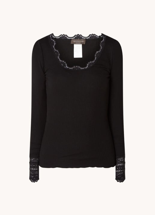 Rosemunde Longsleeve in zijdeblend met structuur en details van kant - voorkant zwart