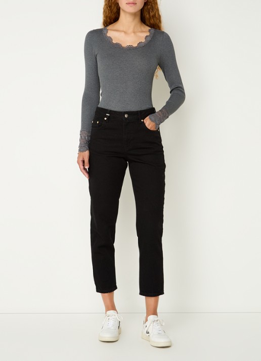 Rosemunde Longsleeve in zijdeblend met structuur en details van kant - voorkant 3 donkergrijs