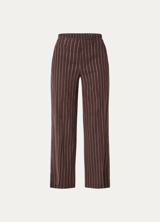 Rosner Studio High waist wide fit pantalon met streepprint en lurex - voorkant 2 donkerbruin