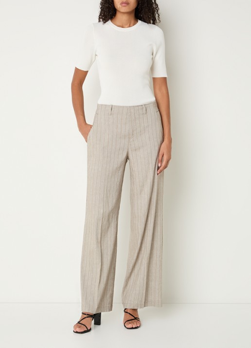 Rosner Studio High waist wide fit pantalon met streepprint en lurex - voorkant 4 lichtgrijs